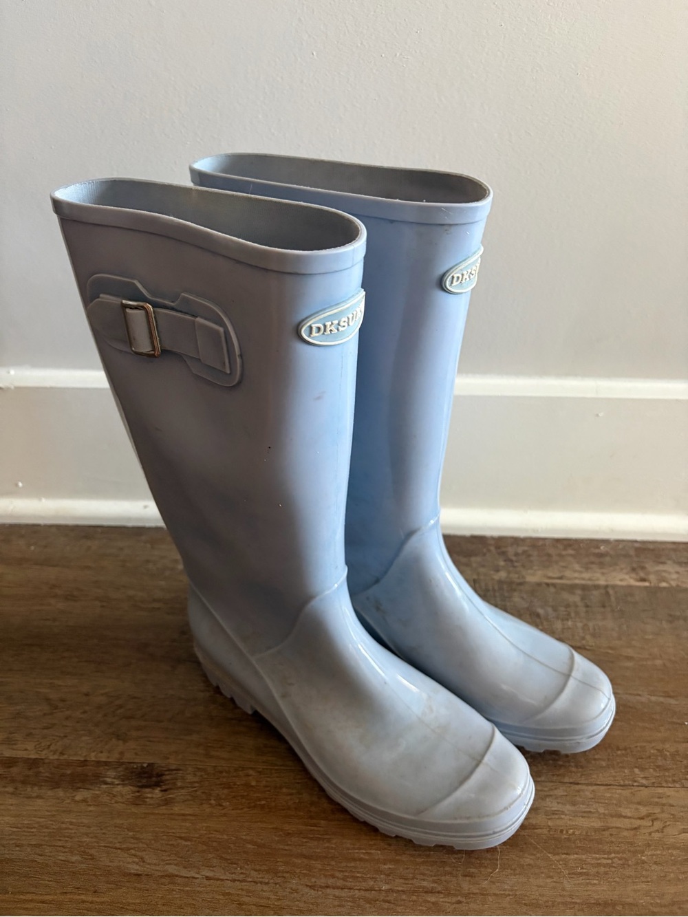 DKSUKO Pale Blue Knee-High Rubber Rain Boots with Buckle